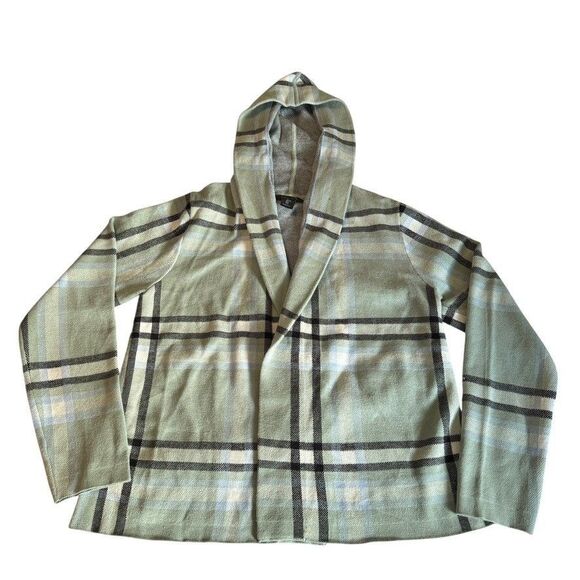 Tahari Women’s Size LARGE Hooded Open Front Cardigan Jacket Green Plaid - Picture 1 of 7